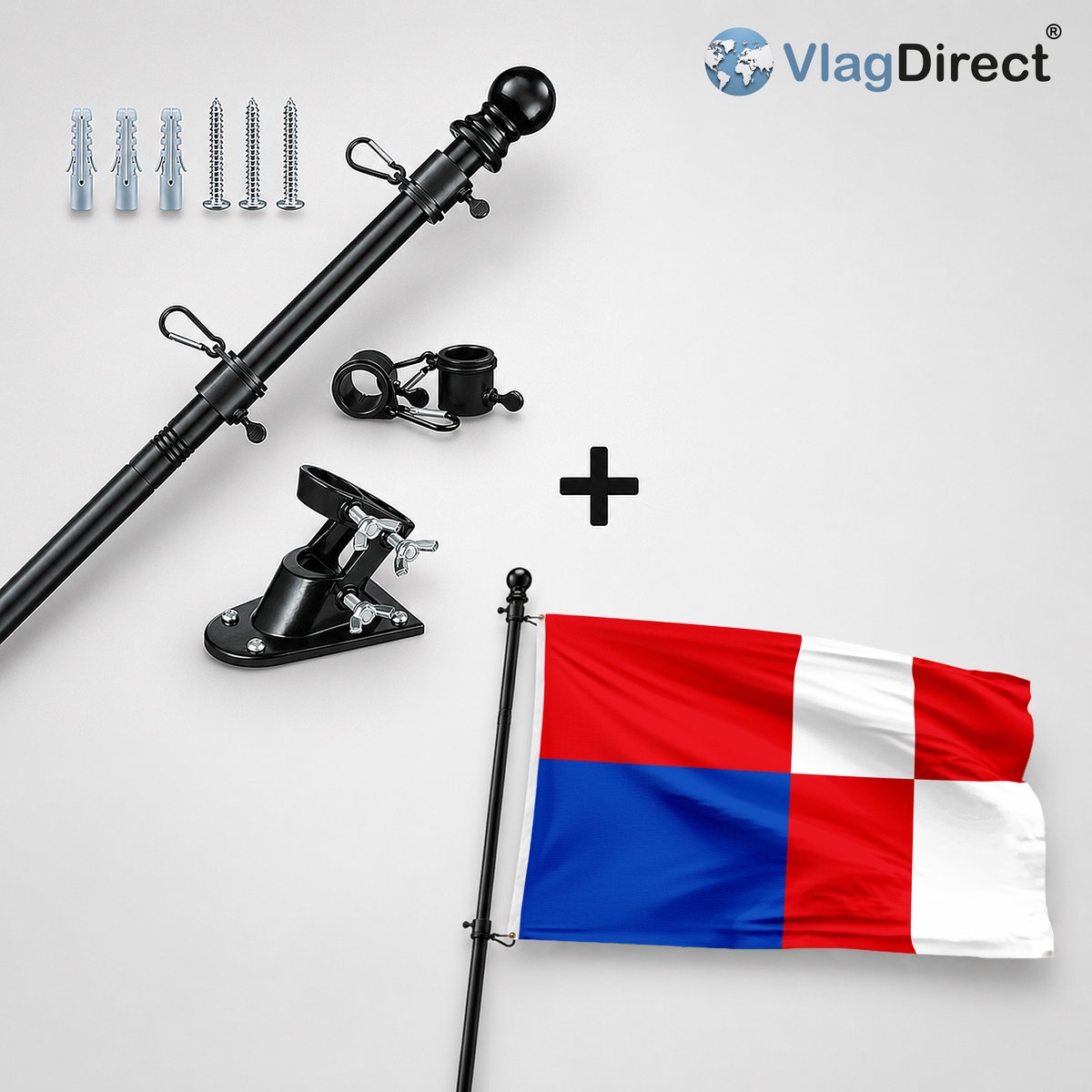 VlagDirect - Compleet vlaggenpakket - Zwarte vlaggenstok inclusief vlaggenstokhouder + Boechoutse vlag - Gemeente Boechout vlag - 90 x 150 cm.