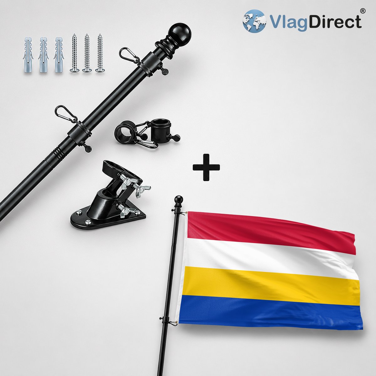 VlagDirect - Compleet vlaggenpakket - Zwarte vlaggenstok inclusief vlaggenstokhouder + Renkum vlag - Gemeente Renkum vlag - 90 x 150 cm.