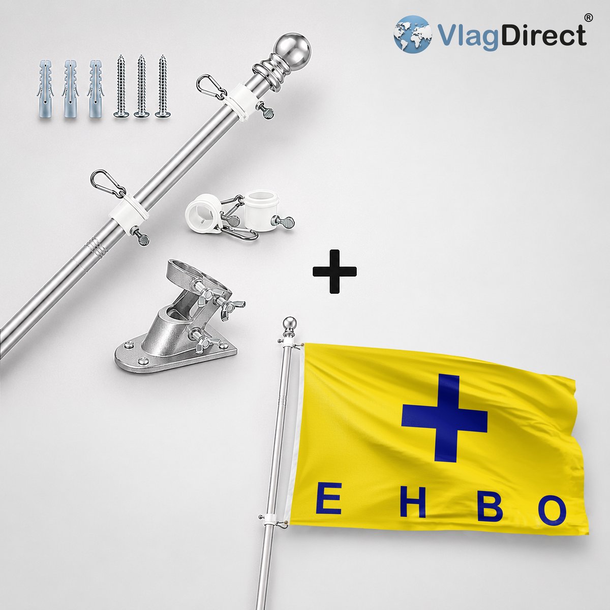 VlagDirect - Compleet vlaggenpakket - Zilveren vlaggenstok inclusief vlaggenstokhouder + EHBO vlag - Eerste Hulp Bij Ongelukken vlag - Spoedpost vlag - 90 x 150 cm.