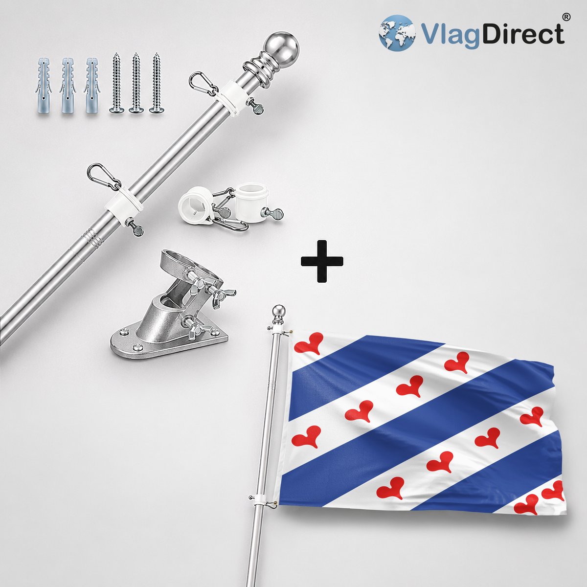 VlagDirect - Compleet vlaggenpakket - Zilveren vlaggenstok inclusief vlaggenstokhouder + Ommelandse vlag - Regio Ommelanden vlag - 90 x 150 cm.