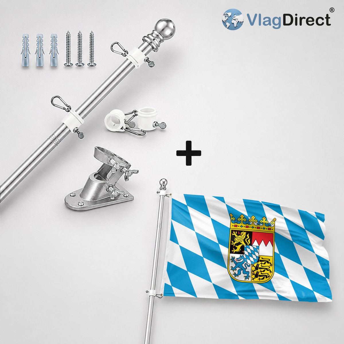 VlagDirect - Compleet vlaggenpakket - Zilveren vlaggenstok inclusief vlaggenstokhouder + Beierse vlag - Bavaria vlag - 90 x 150 cm.