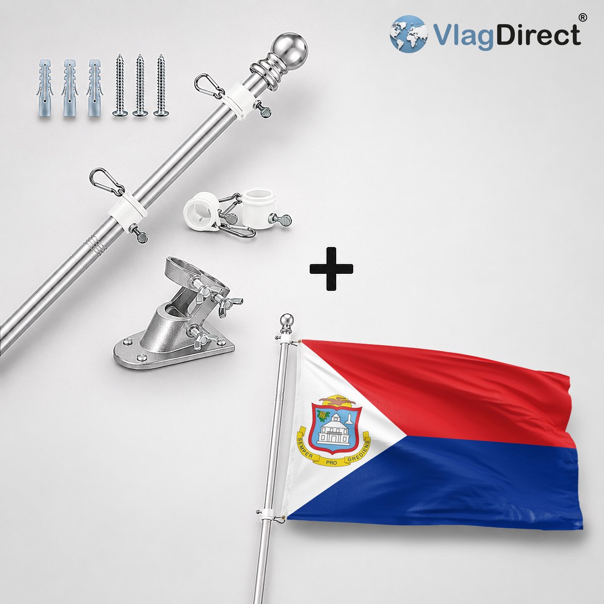 VlagDirect - Compleet vlaggenpakket - Zilveren vlaggenstok inclusief vlaggenstokhouder + Sint Maartense vlag - Sint Maarten vlag - 90 x 150 cm.