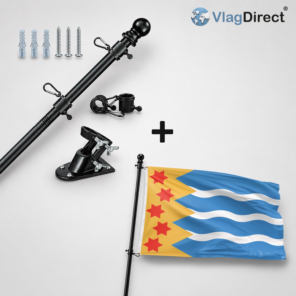 VlagDirect - Compleet vlaggenpakket - Zwarte vlaggenstok inclusief vlaggenstokhouder + Oldambt vlag - Gemeente Oldambt vlag - 90 x 150 cm.