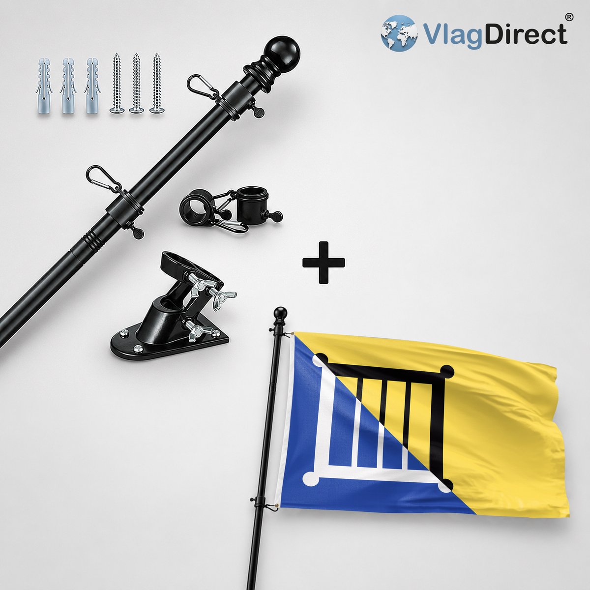 VlagDirect - Compleet vlaggenpakket - Zwarte vlaggenstok inclusief vlaggenstokhouder + De Bilt vlag - Gemeente De Bilt vlag - 90 x 150 cm.