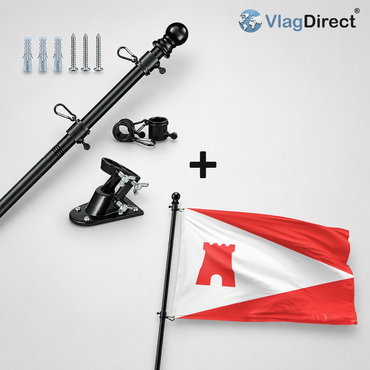 VlagDirect - Compleet vlaggenpakket - Zwarte vlaggenstok inclusief vlaggenstokhouder + Etten-Leur vlag - Gemeente Etten-Leur vlag - 90 x 150 cm.