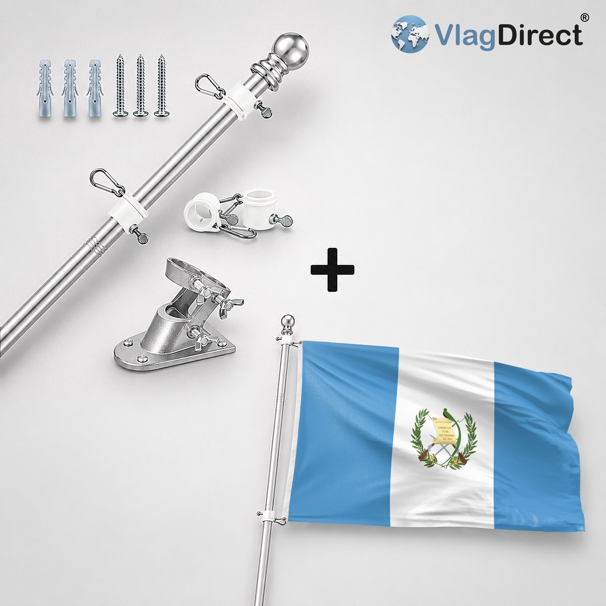 VlagDirect - Compleet vlaggenpakket - Zilveren vlaggenstok inclusief vlaggenstokhouder + Guatemalteekse vlag - Guatemala vlag - 90 x 150 cm