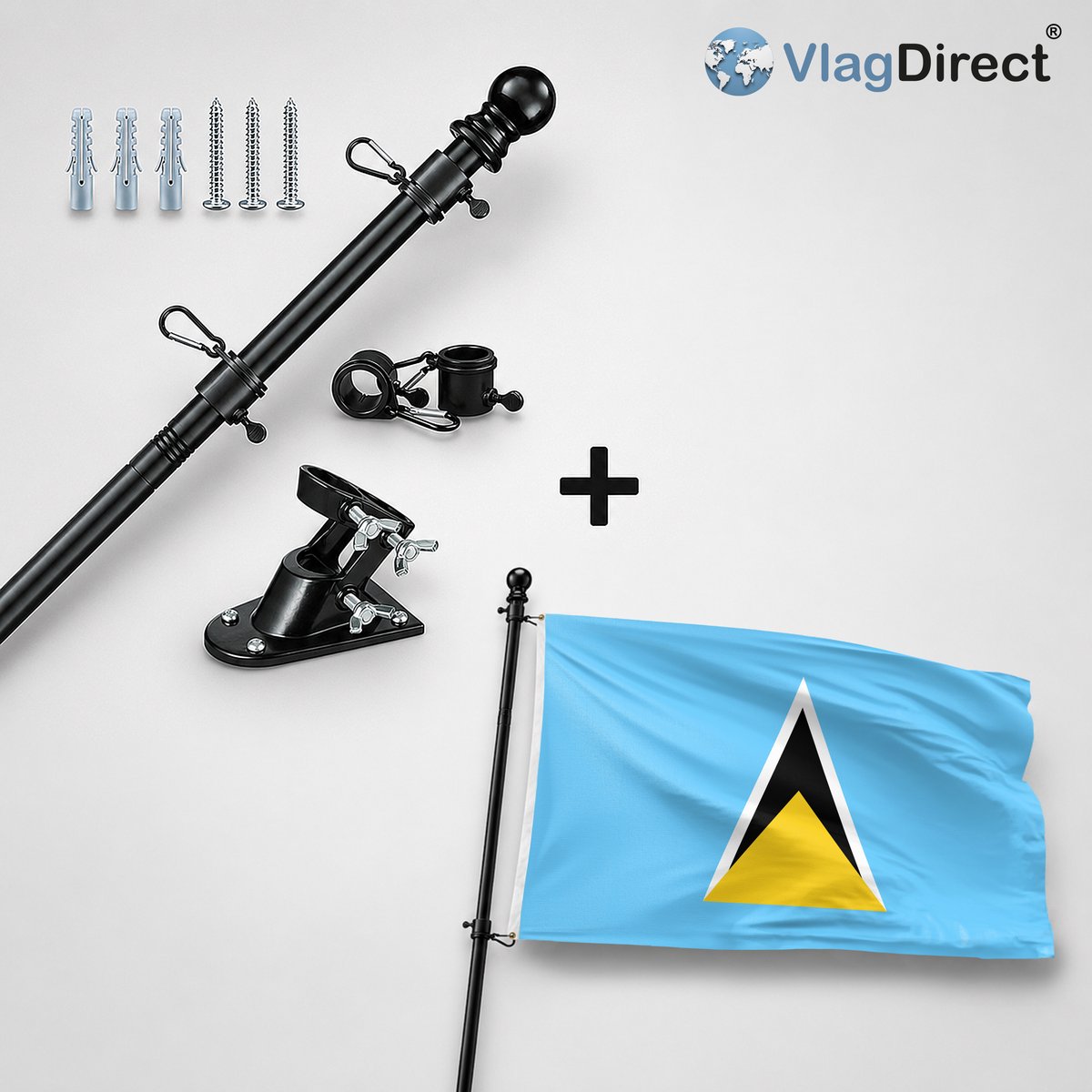 VlagDirect - Compleet vlaggenpakket - Zwarte vlaggenstok inclusief vlaggenstokhouder + Saint Lucian vlag - Saint Lucia vlag - 90 x 150 cm