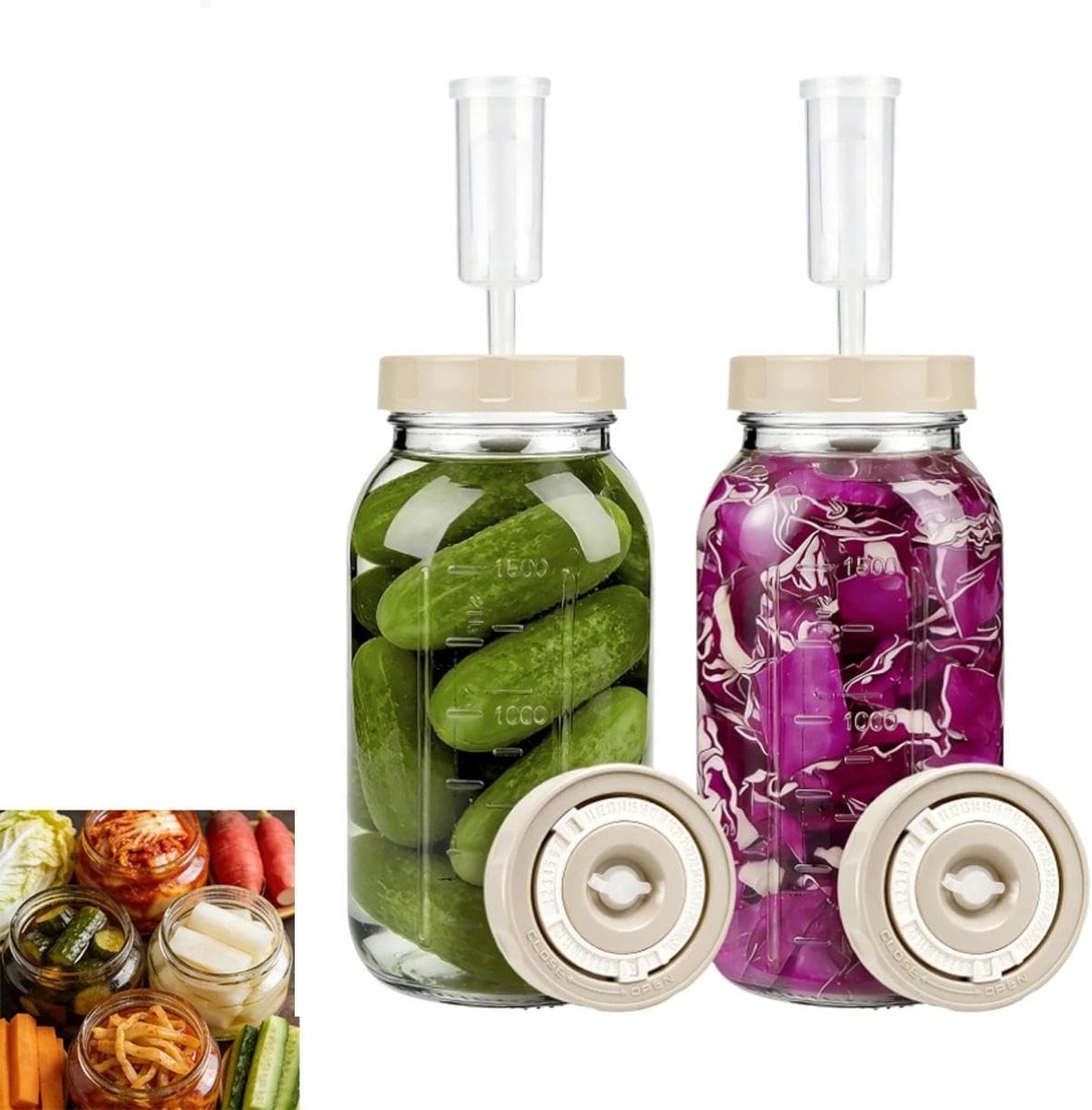 Kimchi-fermentatieglas, set van 2 fermentatieglazen (2 liter) met fermentatiesluiting en datumweergave, voor zuurkool - ShopVlot