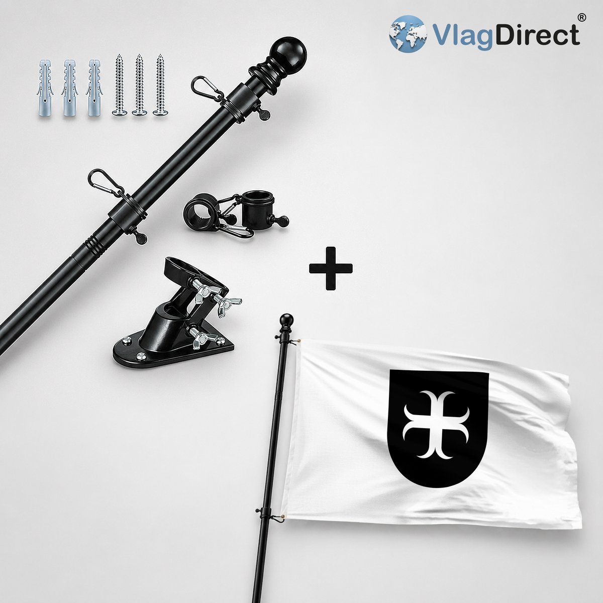 VlagDirect - Compleet vlaggenpakket - Zwarte vlaggenstok inclusief vlaggenstokhouder + Wezembeekse vlag - Gemeente Wezembeek-Oppem vlag - 90 x 150 cm.