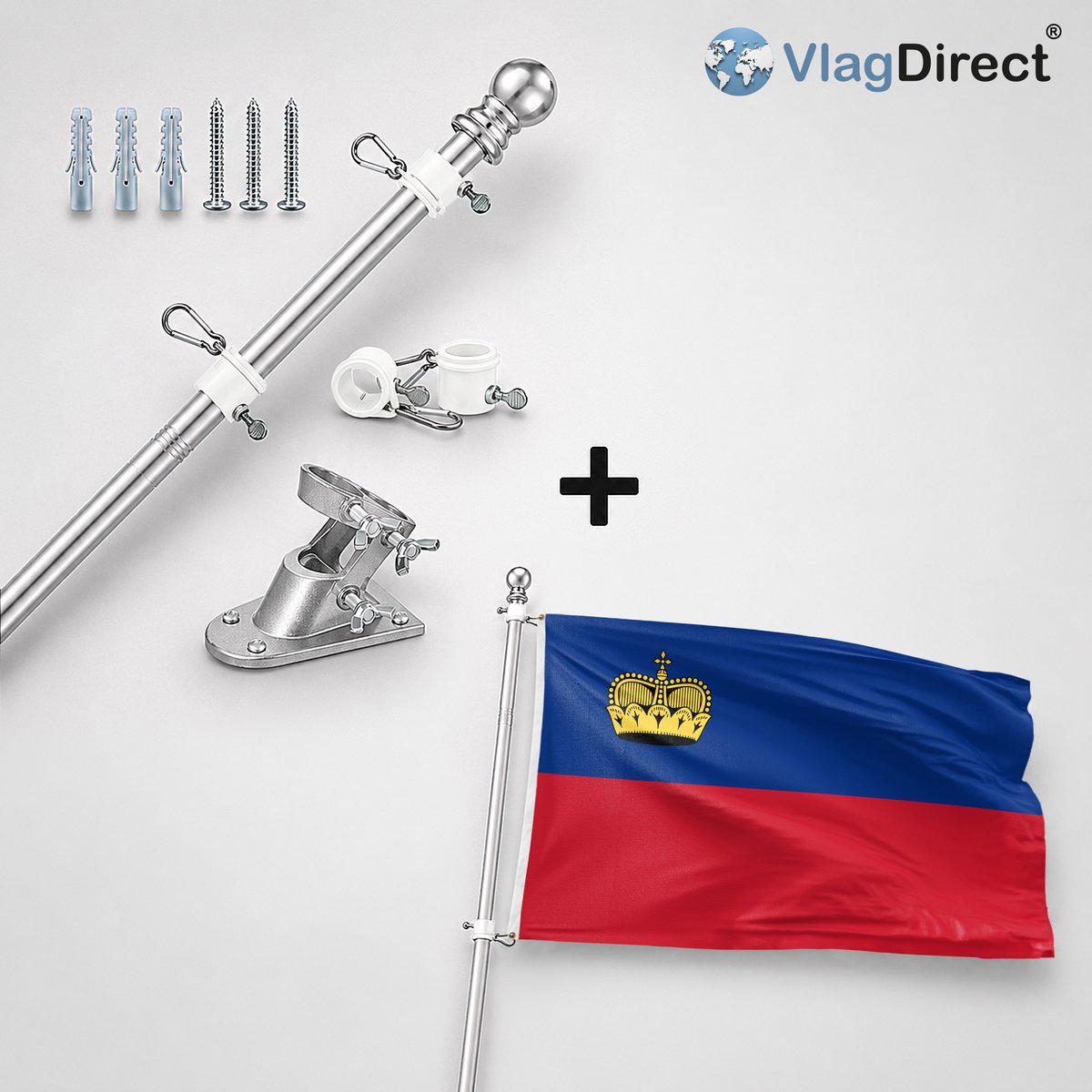 VlagDirect - Compleet vlaggenpakket - Zilveren vlaggenstok inclusief vlaggenstokhouder + Liechtensteinse vlag - Liechtenstein vlag - 90 x 150 cm