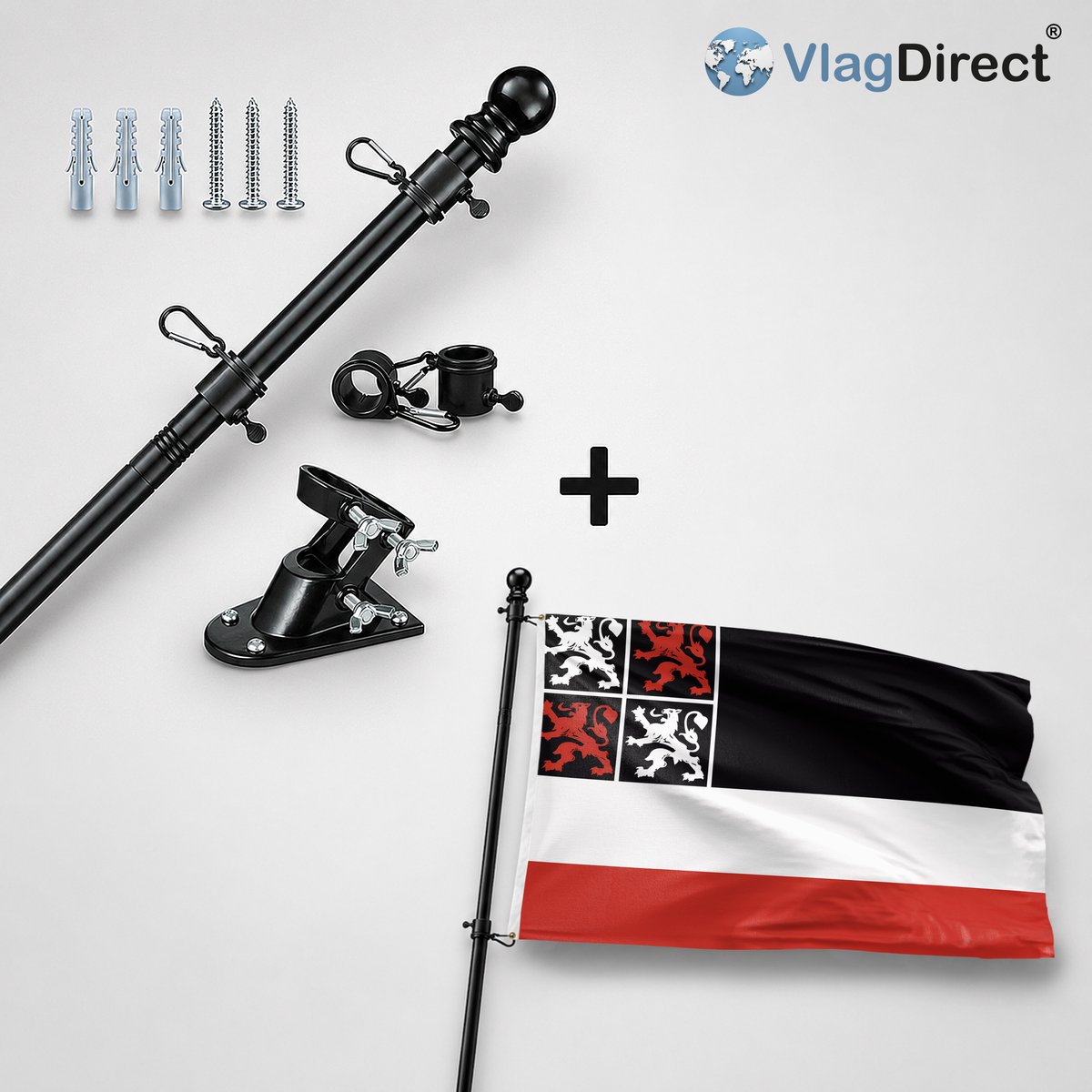 VlagDirect - Compleet vlaggenpakket - Zwarte vlaggenstok inclusief vlaggenstokhouder + Uitgeest vlag - Gemeente Uitgeest vlag - 90 x 150 cm.