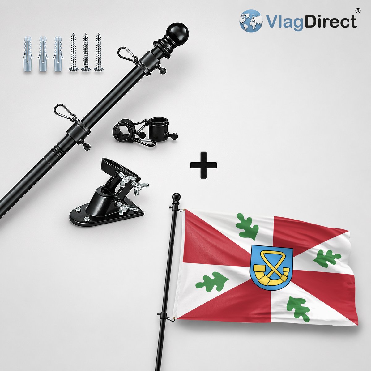 VlagDirect - Compleet vlaggenpakket - Zwarte vlaggenstok inclusief vlaggenstokhouder + Tytsjerksteradiel vlag - Gemeente Tytsjerksteradiel vlag - 90 x 150 cm.