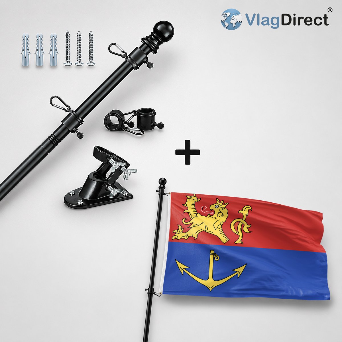 VlagDirect - Compleet vlaggenpakket - Zwarte vlaggenstok inclusief vlaggenstokhouder + Venlo vlag - Gemeente Venlo vlag - 90 x 150 cm.