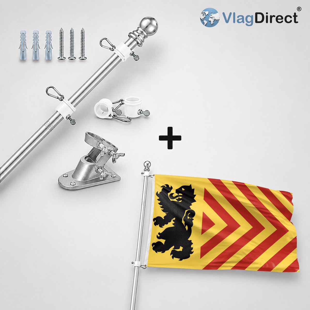 VlagDirect - Compleet vlaggenpakket - Zilveren vlaggenstok inclusief vlaggenstokhouder + Langedijk vlag - Gemeente Langedijk vlag - 90 x 150 cm.