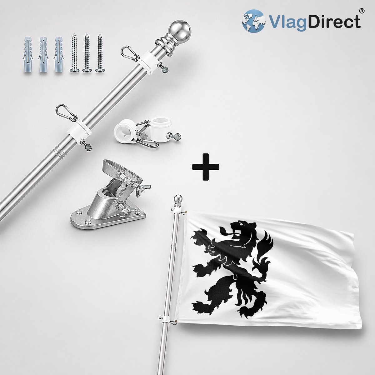VlagDirect - Compleet vlaggenpakket - Zilveren vlaggenstok inclusief vlaggenstokhouder + Noordwijk vlag - Gemeente Noordwijk vlag - 90 x 150 cm.