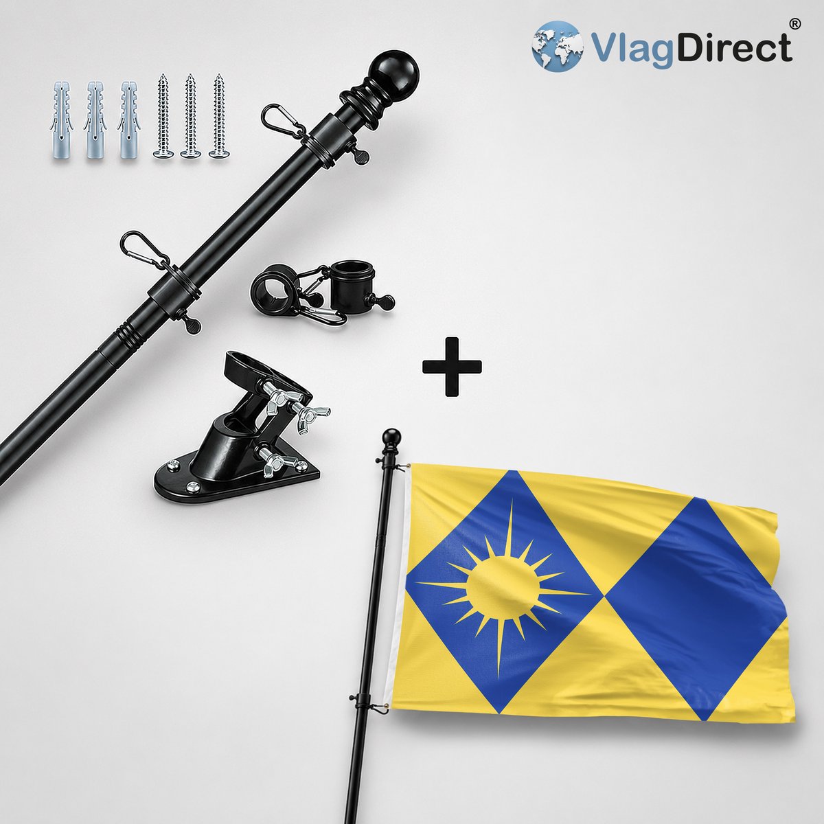 VlagDirect - Compleet vlaggenpakket - Zwarte vlaggenstok inclusief vlaggenstokhouder + Son en Breugel vlag - Gemeente Son en Breugel vlag - 90 x 150 cm.