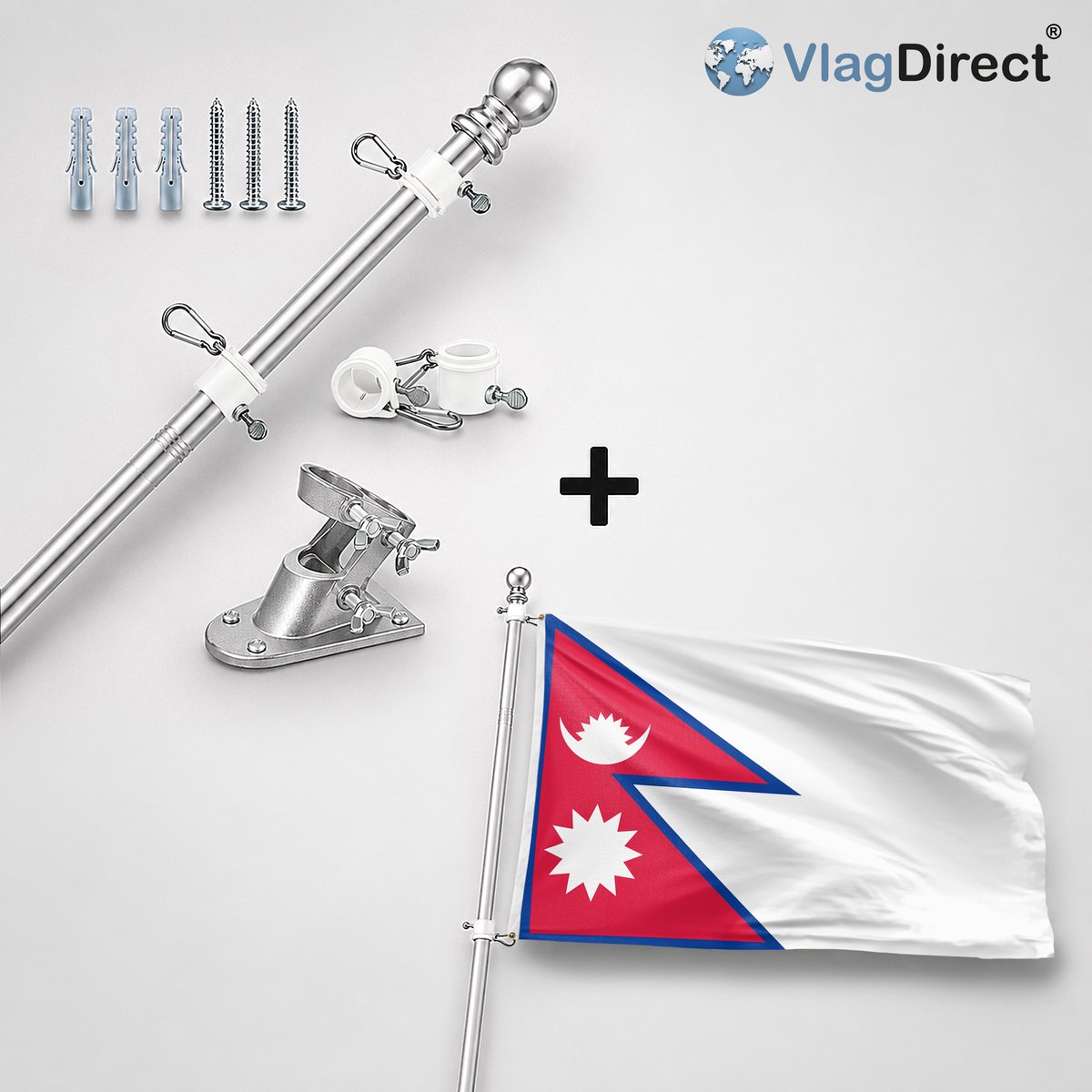 VlagDirect - Compleet vlaggenpakket - Zilveren vlaggenstok inclusief vlaggenstokhouder + Nepalese vlag - Nepal vlag - 90 x 150 cm