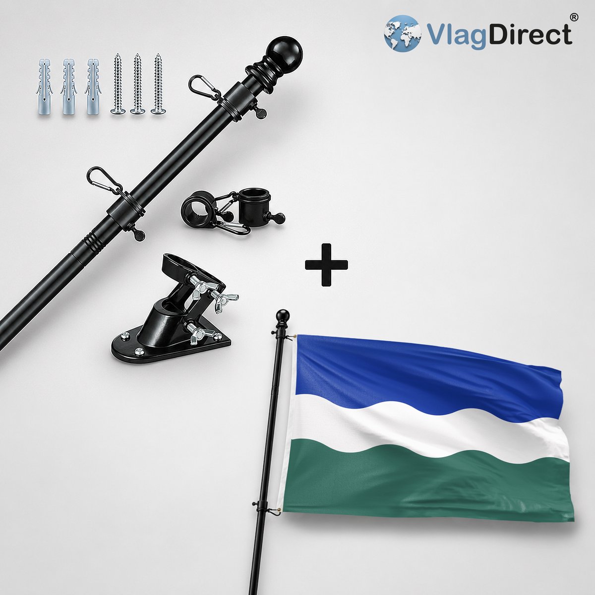 VlagDirect - Compleet vlaggenpakket - Zwarte vlaggenstok inclusief vlaggenstokhouder + Nederweert vlag - Gemeente Nederweert vlag - 90 x 150 cm.