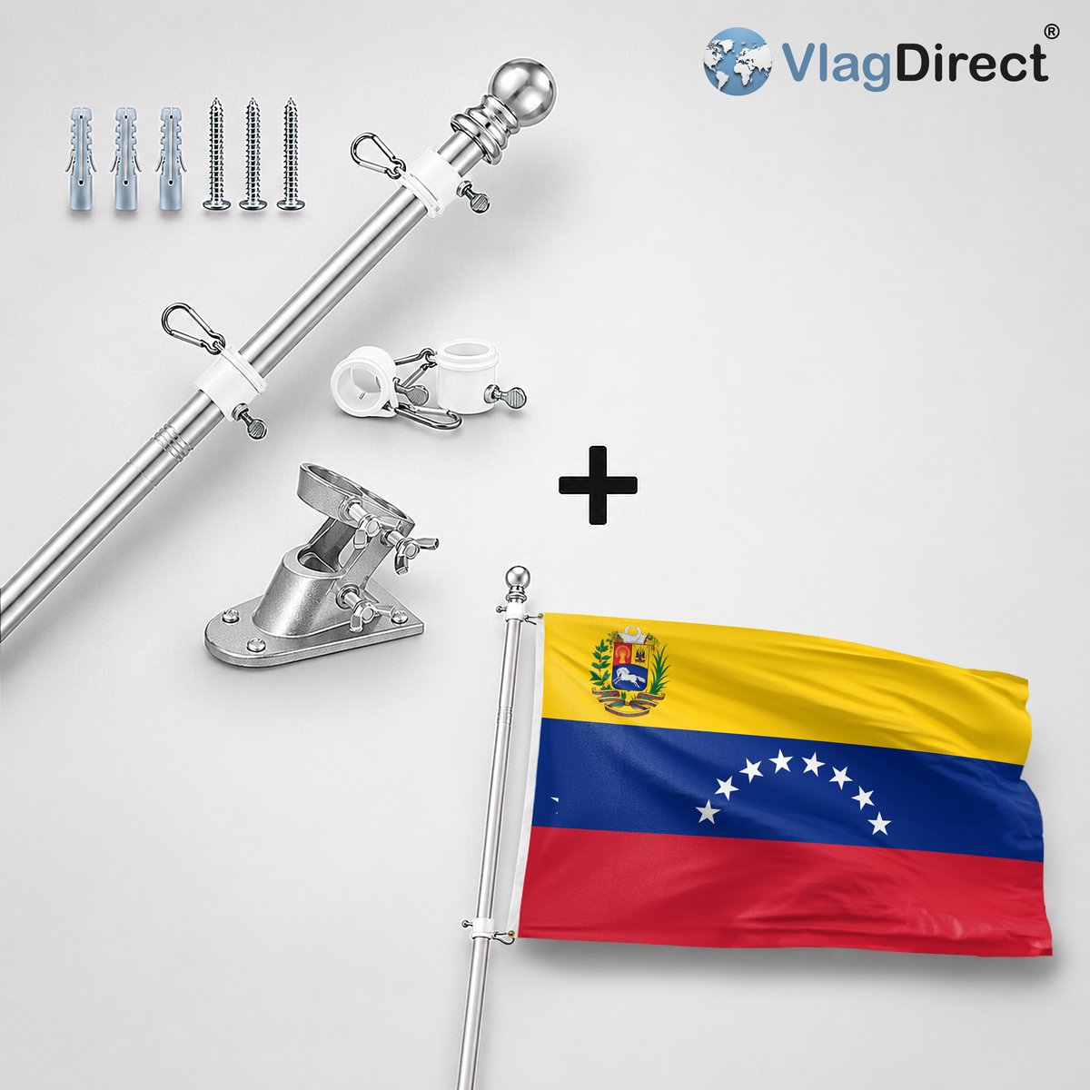 VlagDirect - Compleet vlaggenpakket - Zilveren vlaggenstok inclusief vlaggenstokhouder + Venezolaanse vlag - Venezuela vlag - 90 x 150 cm.