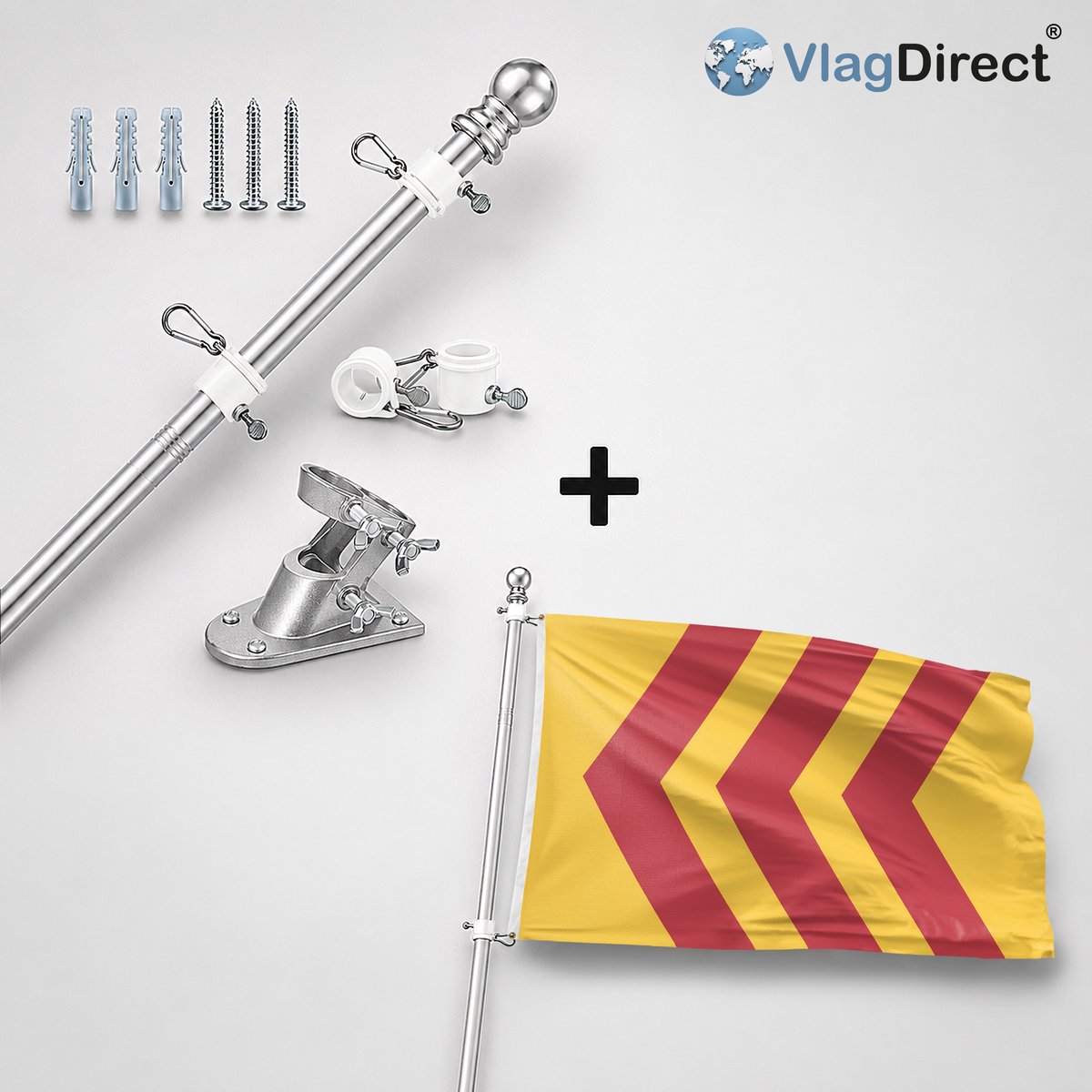 VlagDirect - Compleet vlaggenpakket - Zilveren vlaggenstok inclusief vlaggenstokhouder + Voorst vlag - Gemeente Voorst vlag - 90 x 150 cm.