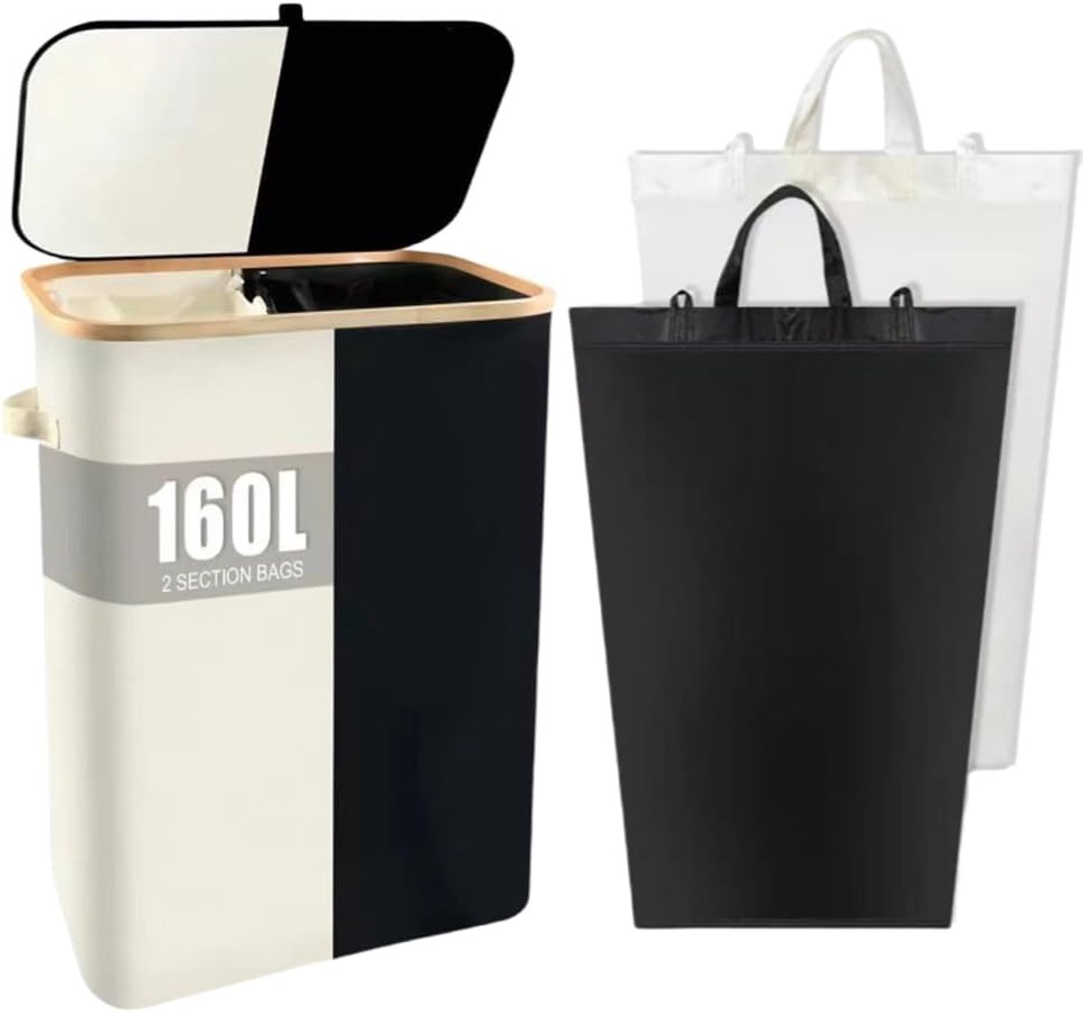 Laundry Basket with Lid, 160 L, Laundry Collector, 2 Compartments with Removable and Washable Inner Pockets, Foldable - ShopVlot