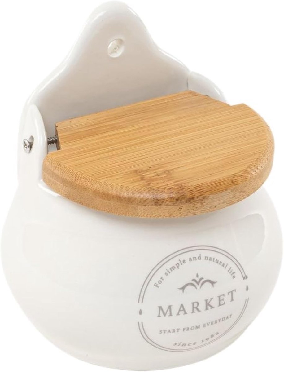 Salt Shaker Made of White Ceramic with Wooden Lid 12 cm Salt and Spice Jar for Kitchen and Wall - ShopVlot
