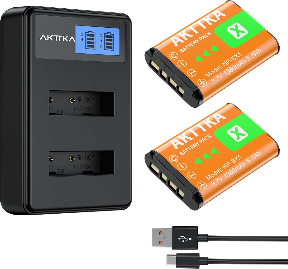 Rechargeable Battery NP-BX1 (Set of 2, 1380mAh) and Dual Charger with Type-C Input and LCD Screen - ShopVlot