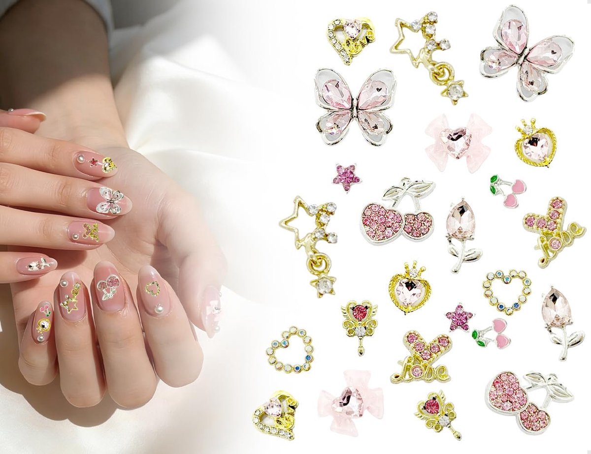 24 stuks bedels voor nagels, inclusief nagelaccessoires in hartvorm, sterren, kersen, rozen, toverstaven en strikken - ShopVlot