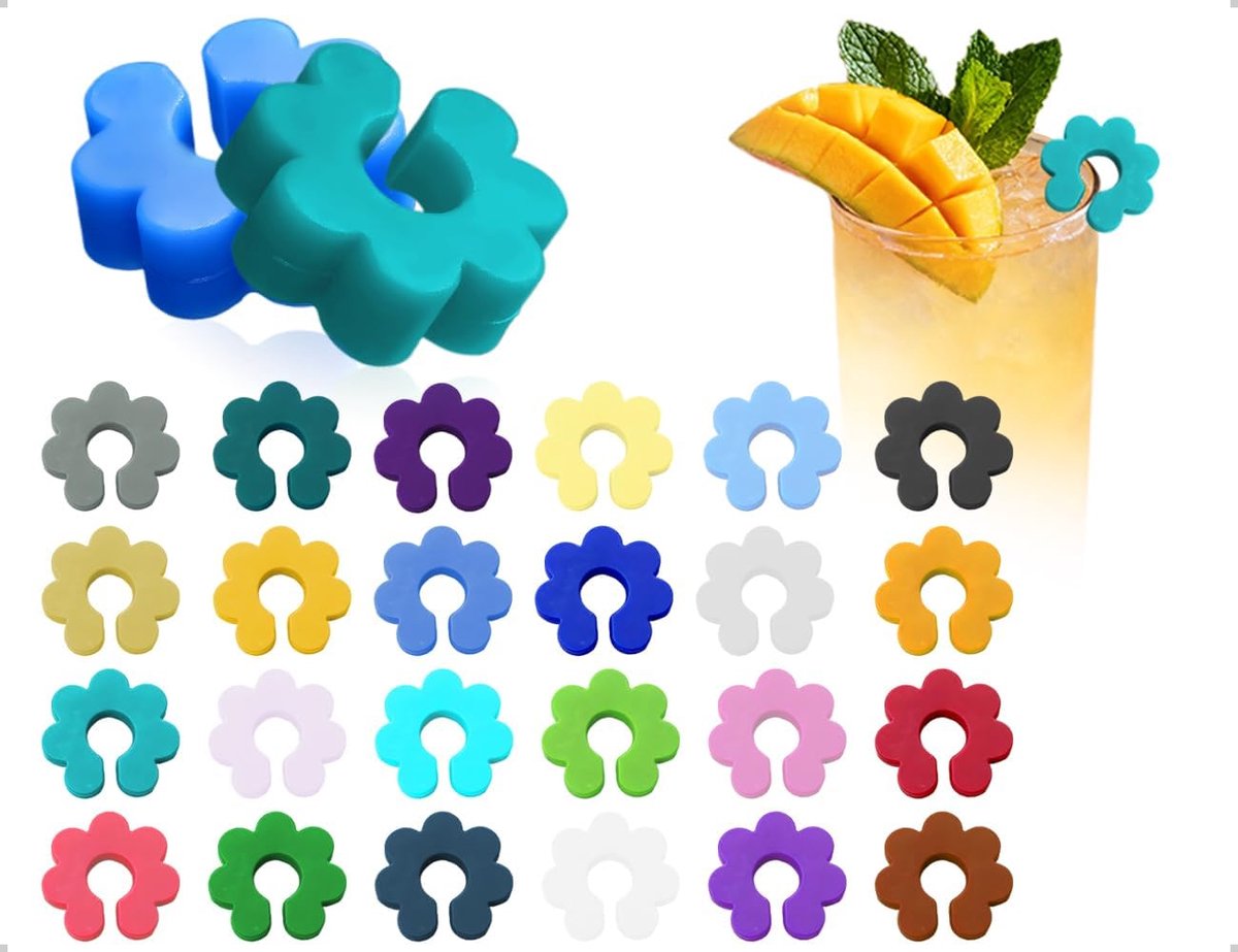 Set of 24 Glass Markers, Reusable Silicone Labels in Flower Shape for Bars, Parties and Family Gatherings - ShopVlot