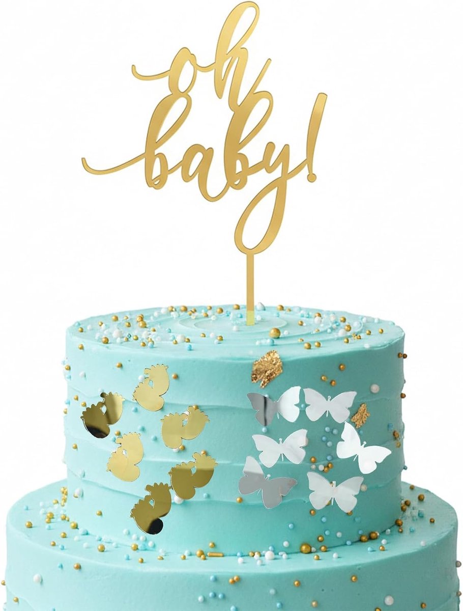 13 Pcs Oh Baby Cake Toppers, Gold Footprints and Silver Butterflies Acrylic Cake Decoration, Baby Shower Decoration - ShopVlot