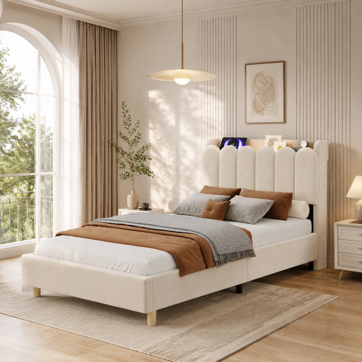 OKWISH Bed 90x200 cm - Met USB en Type C Oplaadpunt en Leeslamp - Met Opbergruimte - Kinderbed Van Stof - Beige - Zonder Matras