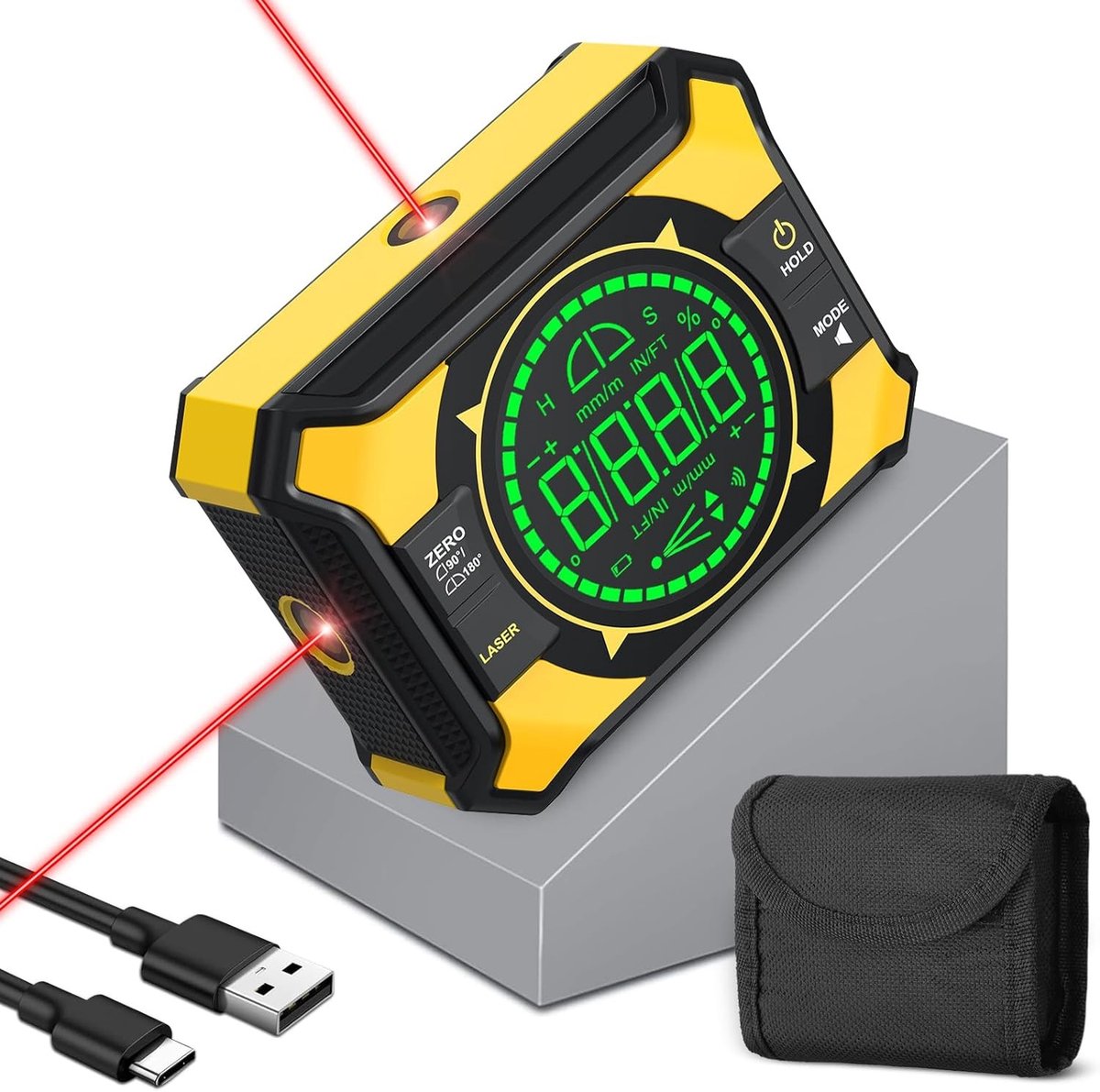 Digitale Hoekmeter met Laser en LED - Zwart - Compact en Oplaadbaar - Voor Houtbewerking en Installatie