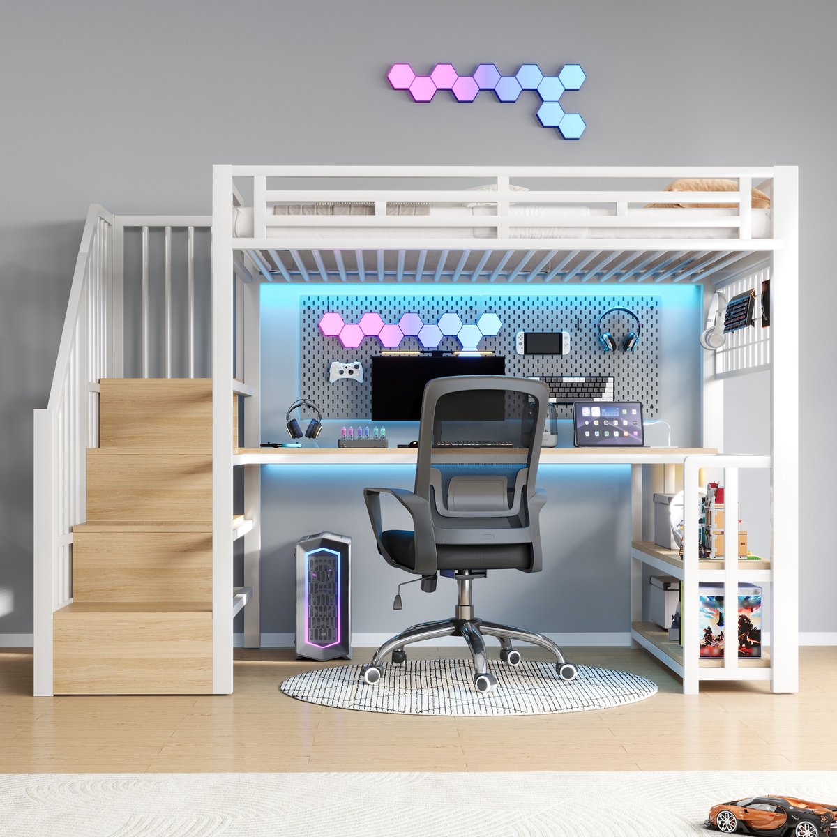 REDOM - Hoogslaper - Met bureau en opbergruimte - Met trap en LED-verlichting - Metaal en MDF - Wit - 90 x 200 cm