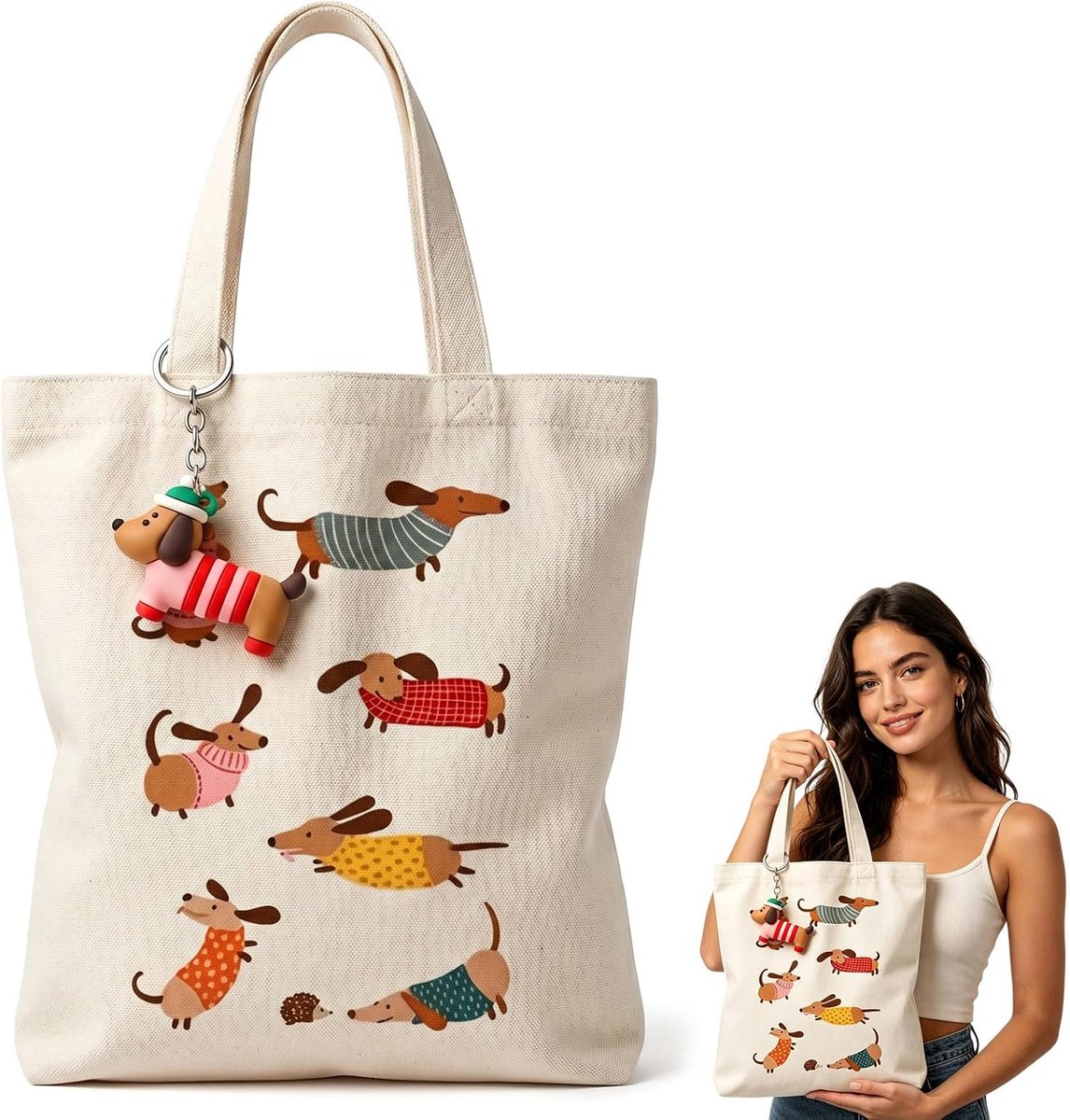 Draagtas herbruikbaar - canvas met teckel motief - schattig ontwerp - ideaal voor boodschappen - ShopVlot