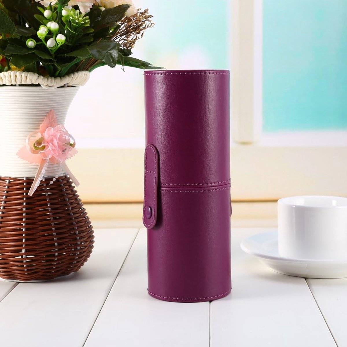 Makeup borstelhouder - rond - PU leer - ideaal voor onderweg - ShopVlot