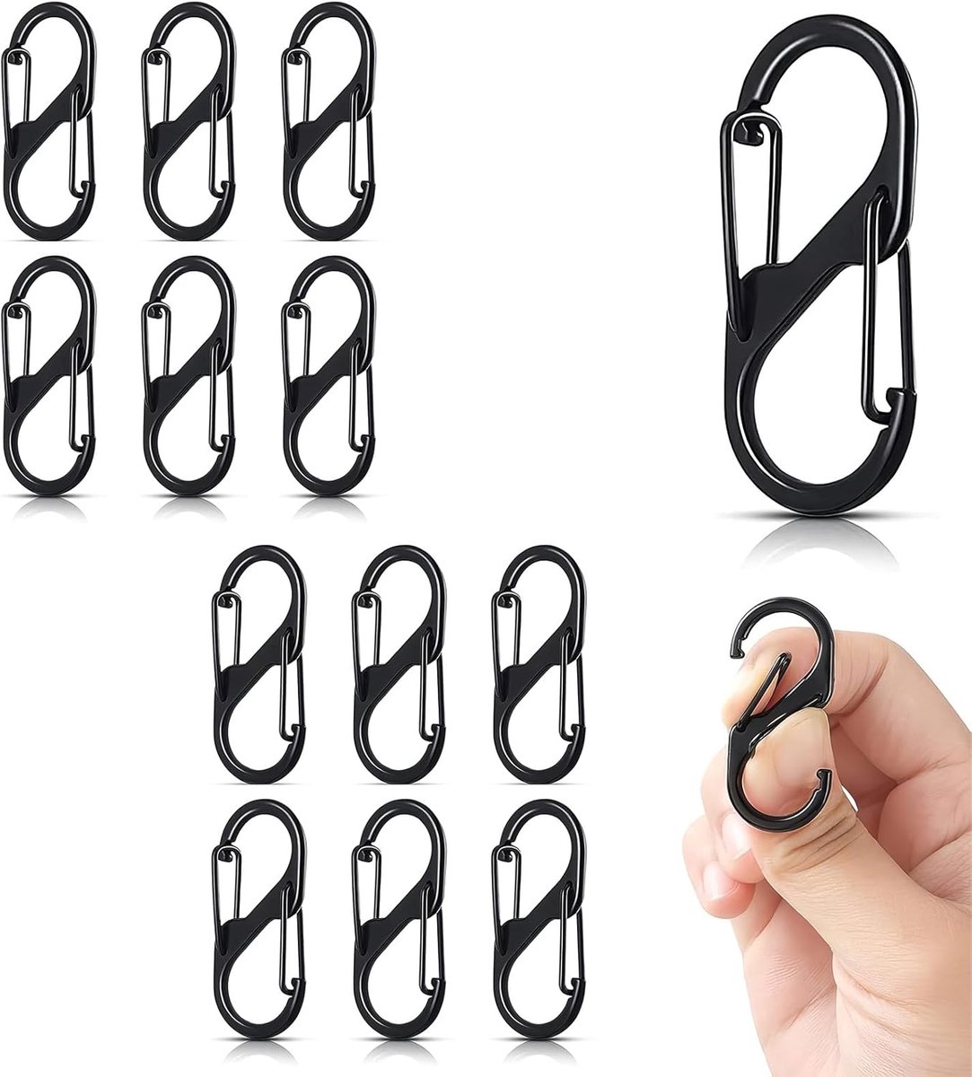Zip Clips set van 12 - kleine clips met dubbele opening - S-vormige karabijnhaak - veilig voor camping en reizen - ShopVlot