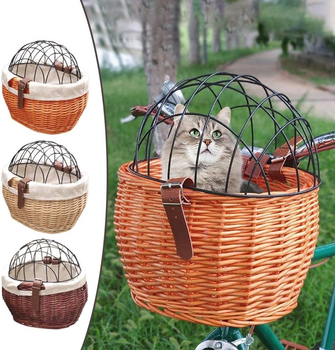 Fietsenmand voor Huisdieren - Hout kleur - Handgeweven Rieten Fietsvoormand met Gaasafdekking - Voor Kleine Honden en Katten
