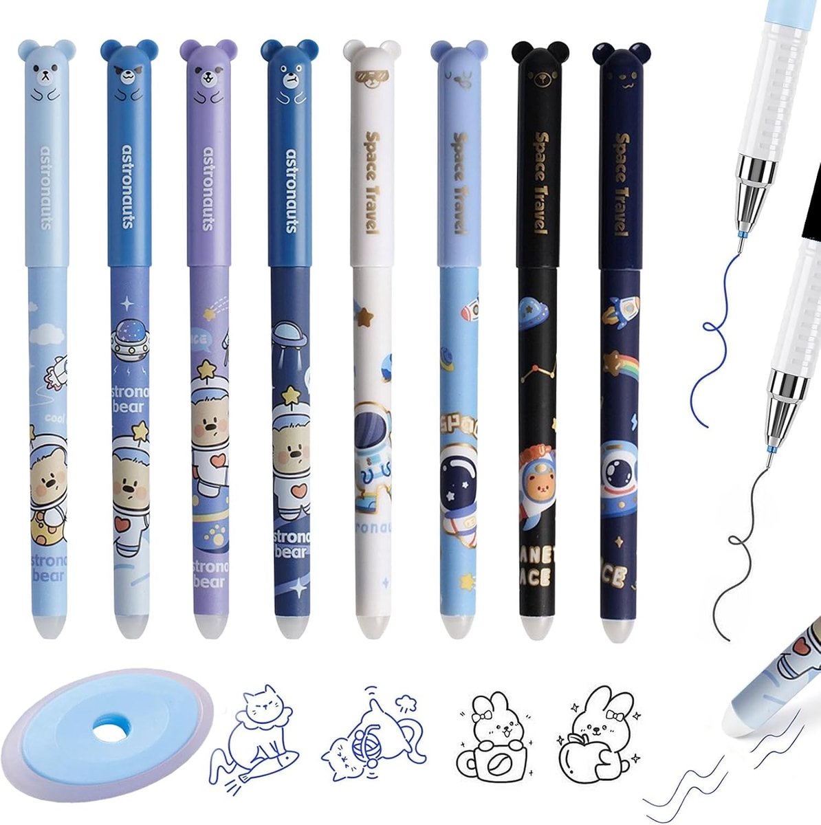 Gelpennen uitwisbaar 0,5 mm - set van 8 met blauwe en zwarte inkt - inclusief speciale gum - voor school en kantoor - ShopVlot