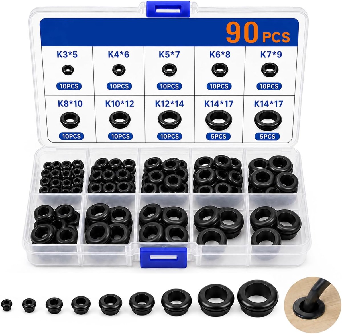 Kabeldoorvoer rubber 90 stuks - 9 maten 3-14 mm - organiser doos met 10 vakken - beschermt kabels en gatranden - ShopVlot