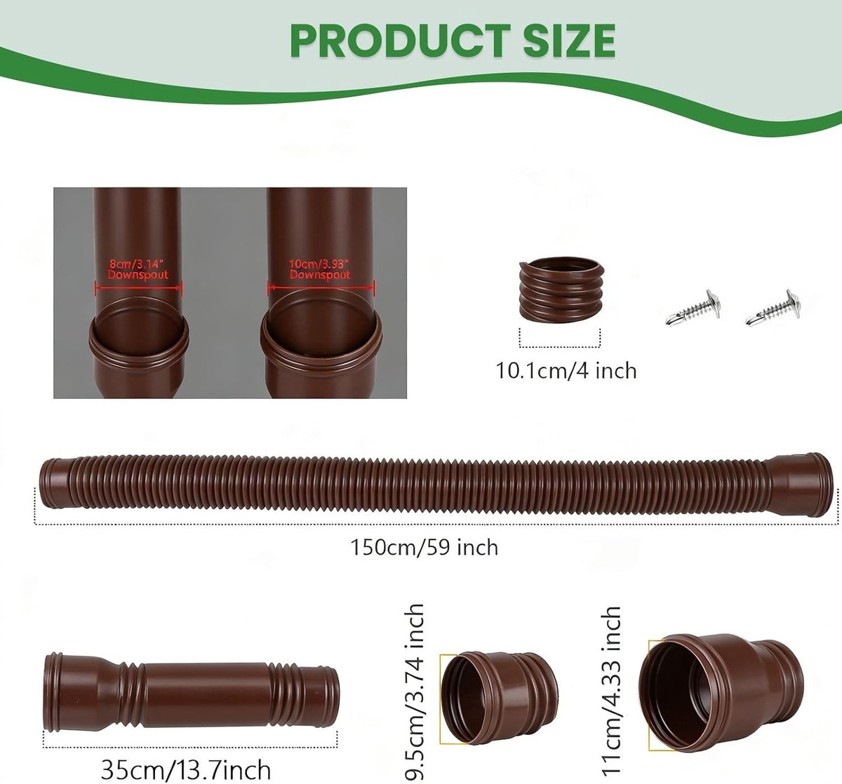 Flexibele dakgoot valbuisverlenging, cirkelvormige afvoeraansluitset voor valpijp 80/100 mm, verlengbaar van 47 tot 150 cm, ideaal voor dakgootinstallatie en waterafvoer, bruin, 1 stuk