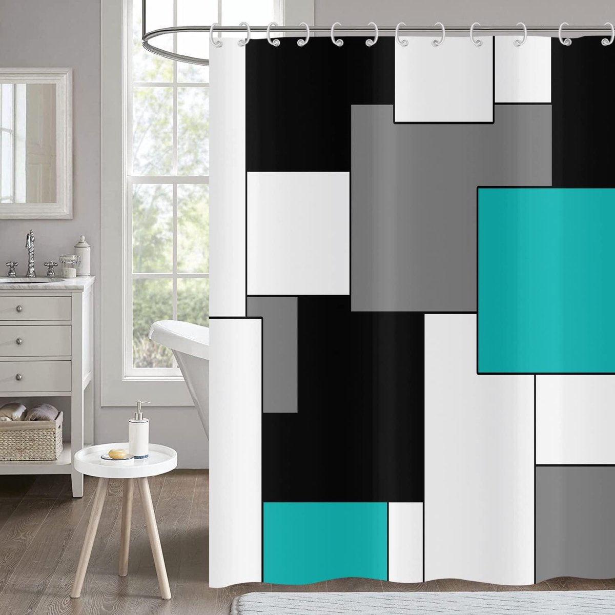 Douchegordijn 180 x 200 - teal met geometrisch patroon - waterdicht en wasbaar - perfect voor badkamer - ShopVlot