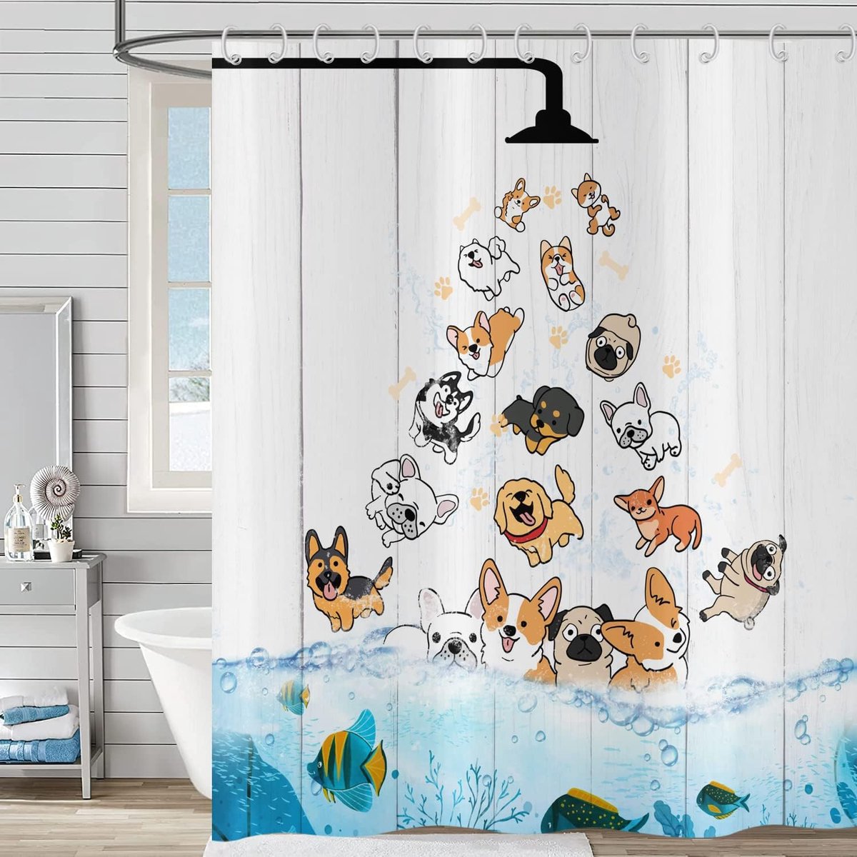 Douchgordijn 120x180 - kleurrijke huisdieren en oceaanvissen - waterdicht polyester - veilig en comfortabel baden - ShopVlot