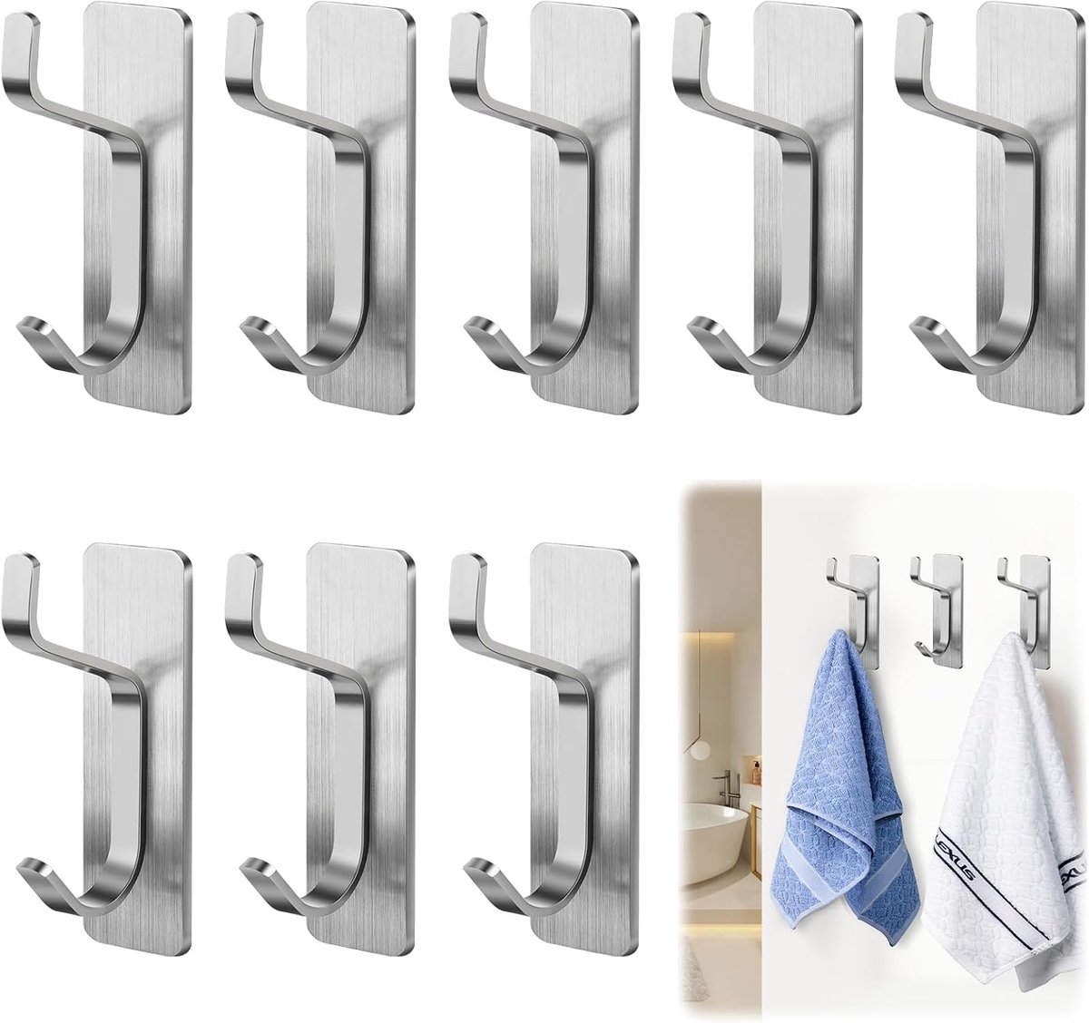 Handdoekhaken zonder boren - 8 stuks zelfklevend - roestvrij staal - extra sterke kleefhaken voor badkamer - ShopVlot