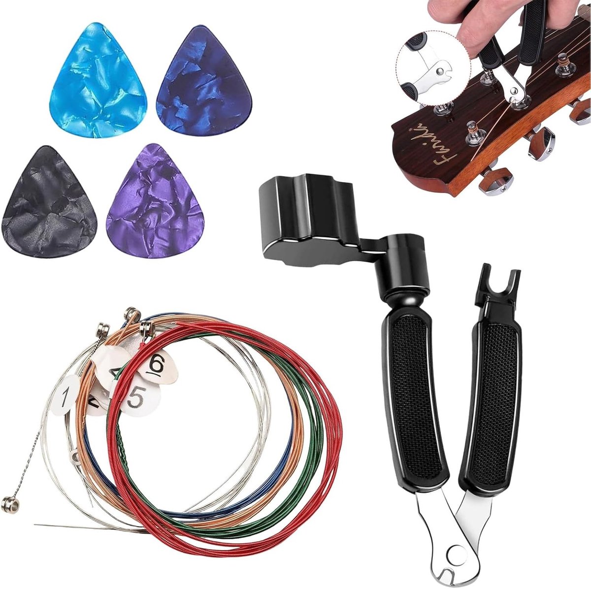Zes Kleurrijke Nylon Snaren voor Concert- en Akoestische Gitaar | Inclusief 4 Plectra en 3-in-1 Accessoireset voor Gitaarspelers