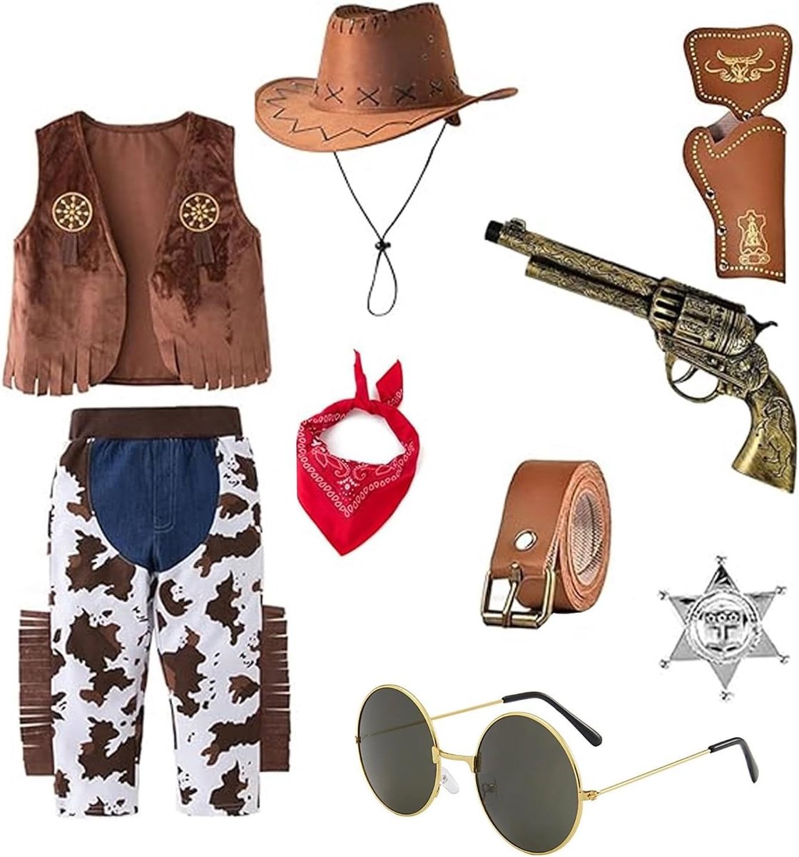Kinderen cowboykostuum, 9-delig westernoutfit met hoed, broek en bandana voor carnaval en Halloween, ideaal voor cosplay en verkleedfeestjes