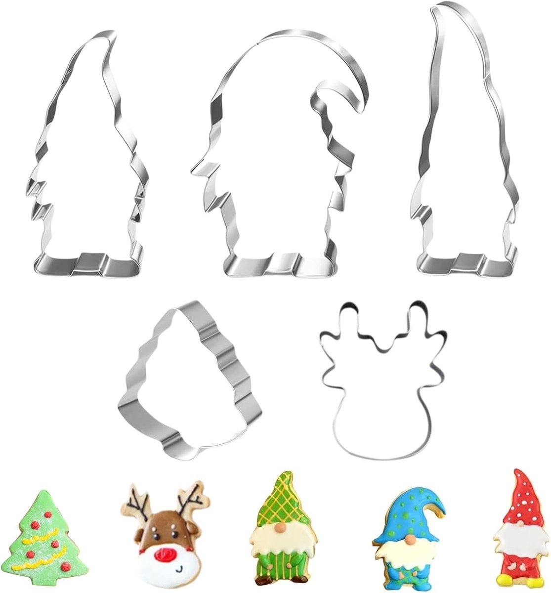Set van 5 kerstkoekjesuitsteekvormen - RVS gnome, kerstboom en rendier - Bakaccessoires voor feestelijke decoratie en lekkernijen