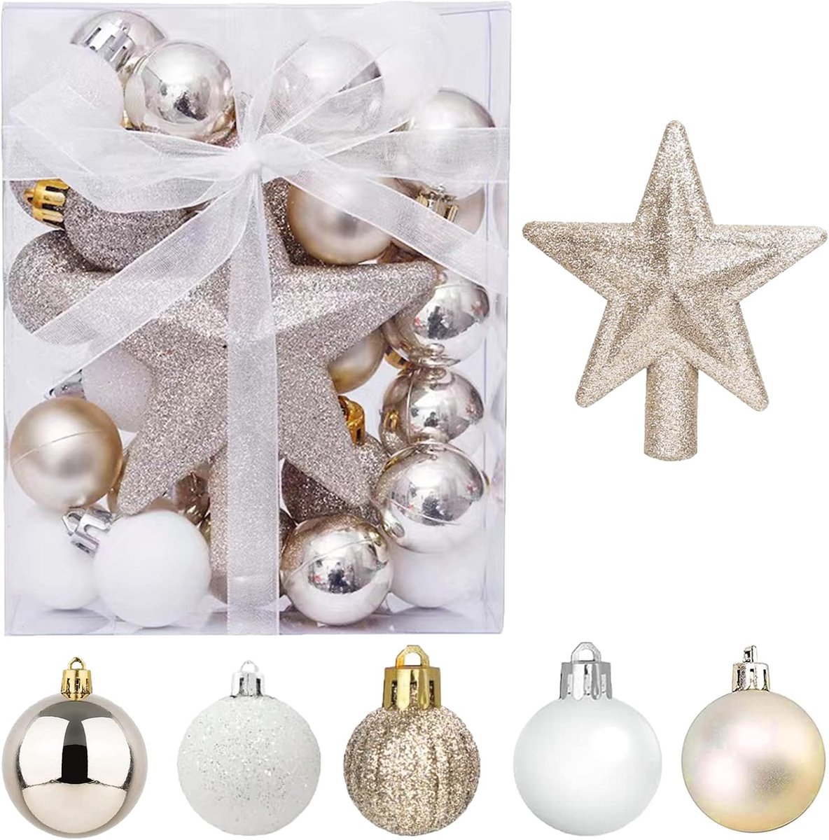 Mini kerstballen set 30pcs - gouden en witte baubles - 3cm met stertopper - voor decoratie van kerstboom - ShopVlot