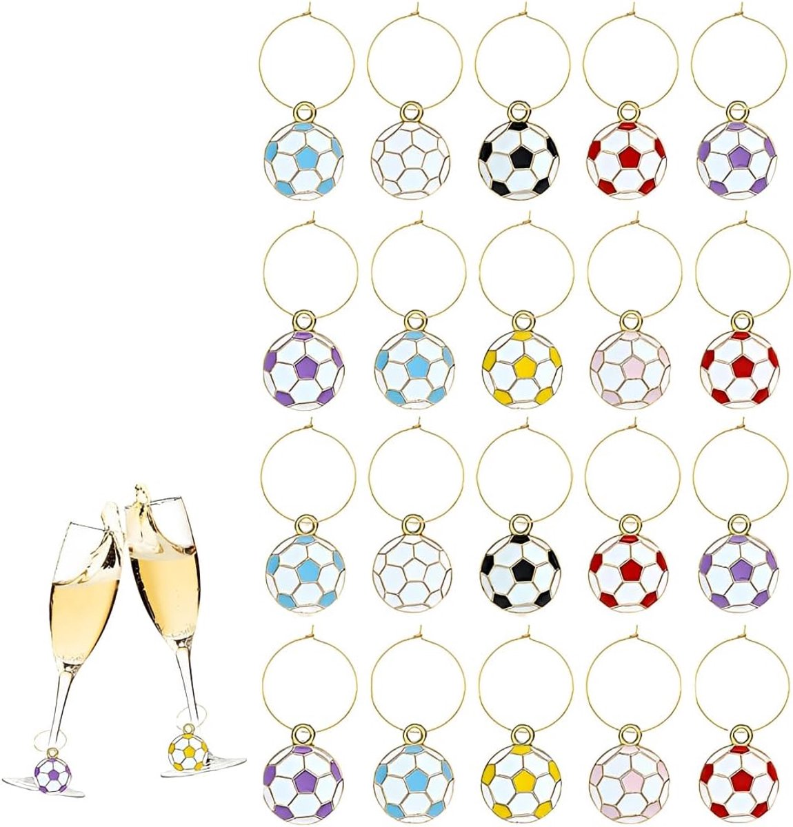 Wijnglas-ID's 20 stuks - 30 mm ringen - met letters en voetbal - markeringen voor glaswerk - ShopVlot