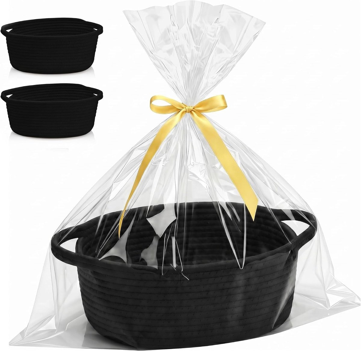 Geschenkmanden set van 2 - zwarte katoenen manden - met cadeauzakjes en lint - perfect voor verjaardagen - ShopVlot