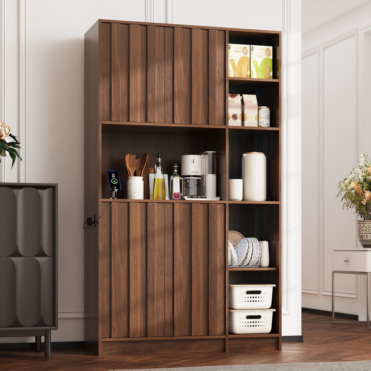 DESMIU Keukenkast - Hoog Opbergmeubel Met Led Verlichting En Stopcontact - Voor Keuken, Eetkamer En Woonkamer - Mdf - Walnoot - 105 X 40 X 180 Cm